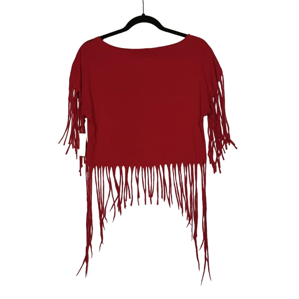 HYBRID Burgundy Red Black Silver Feather Print Fringe Short Sleeve Top Large NWT - Picture 3 of 7